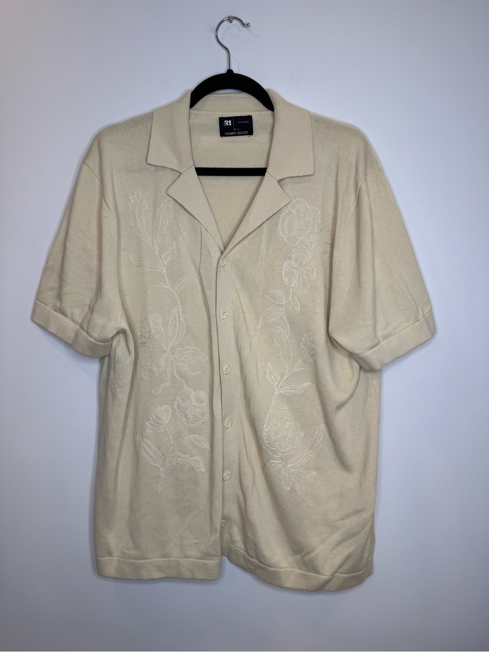 Simons le 31 Cream Embroidered Short-Sleeve Button-Up Shirt knit